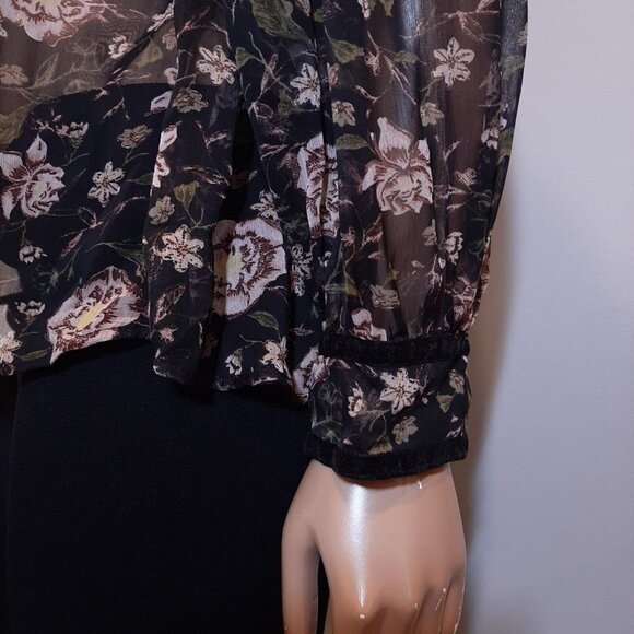 Zara Sheer Floral Blouse Womens Size Medium Black Long Sleeve Boho Peasant Top - Picture 11 of 16